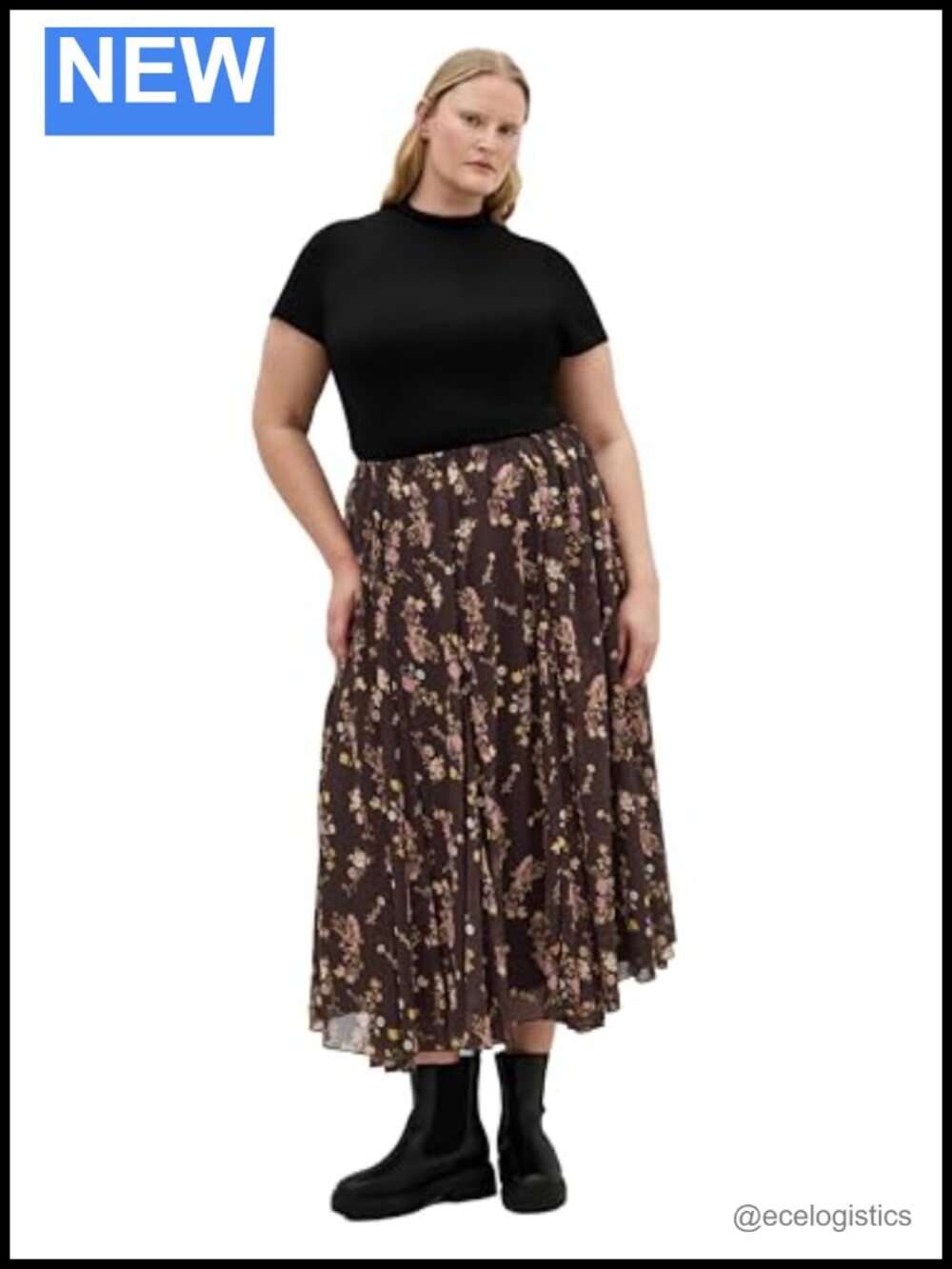 Plus Size Floral Print Midi Skirt High Rise Elastic Pull On